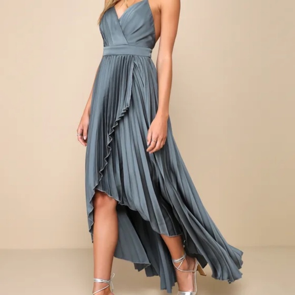 Lulus Ultimate Charm Dark Sage Grey Satin Pleated High-low Maxi Dress - Size L - Picture 3 of 8